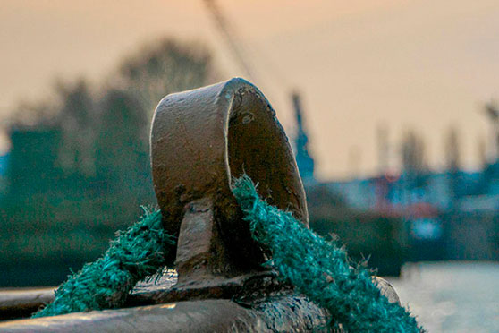 Mooring bollard with rope in a harbour environment.