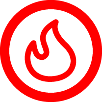 Red fire testing icon with flame inside a circle.