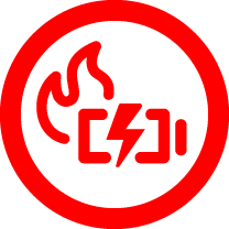 Red battery fire testing icon with flame, battery, and lightning symbol.