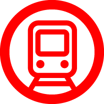 Red railway testing icon with train inside a circle.