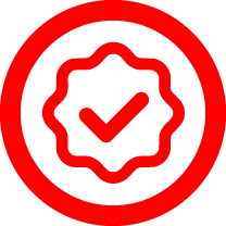 Red certification icon with checkmark inside a seal.
