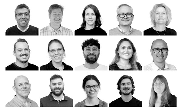Portrait mosaic of 15 DBI employees.