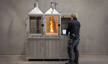 Small-scale fire test of a maritime component, supporting faster product development, indicative fire performance data and cost-effective material testing.